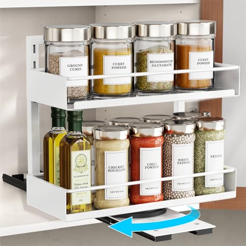 iSPECLE Spice Racks for Inside Cabinet - 1 Pack Rotate Pull Out Spice Rack Easy Access No More Digging, Height Adjustable for 16-20 Spice Jars, Peel and Stick for Over 9" Wide Small Kitchen Cabinet - color: 1-Pack White