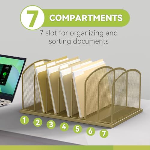 MINDEPOT Desk File Organizer Vertical 7 Sections Mesh File Sorter Paper Storage Organizer for Desk, Office Organization File Holder Rack, Gold - color: Gold, size: 1Pack