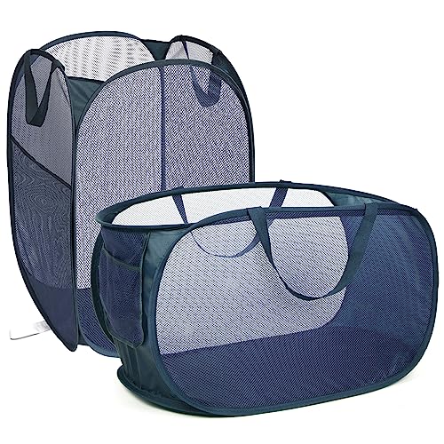 2 Pcs Durable Collapsible Laundry Baskets - Reinforced Mesh Pop Up Laundry Hamper with Pocket, Foldable Dirty Clothes Hamper with Carry Handles for Laundry, Bathroom, Kids Room, Dorm or Travel Navy - color: Navy Blue, size: Pop Horizontal+Vertical