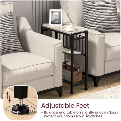 Narrow Side Table for Small Space, 3-Tier End Table with Magazine Holder, Slim Nightstand with Wire Shelf, Skinny Bedside Table in Living Room, Bedroom, Study, Kitchen and Balcony(Greige) - color: Upgrade-greige