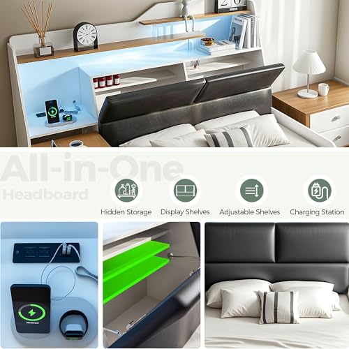 Kikihouse Queen Size Platform Bed with Foldable Desk & Storage Headboard | Bookshelf, 4 Drawers, LED Lights, USB Ports, No Box Spring Needed, Space-Saving - size: Queen