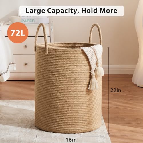 Fiona's magic 72L Large Woven Laundry Hamper, Tall Cotton Rope Storage Basket, Jute Baby Nursery Hamper for Blankets, Toys and Clothes in Bedroom and Living Room Organizing, Jute - color: Brown Jute, size: Large(72L)