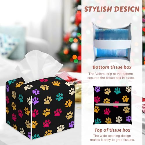 Tissue Box Cover Square, Colourful Paw Prints Tissue Box Holder Leather Facial Paper Case Modern Home Decoration for Bathroom Kitchen Bedroom Night Stands, 2 Pcs - color: Colourful Paw Prints