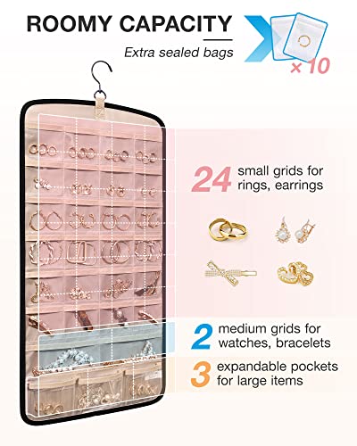 BAGSMART Hanging Jewelry Organizer, Necklace Holder Anti-tangle Earrings Rings Hanger with 10 Jewelry Bags Travel Storage Roll with Pockets Hang on Closet, Wall, Door,1 Piece, Small, Black - color: Black, size: Medium - Standard