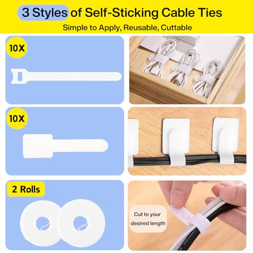 [313Pcs] Cable Management Kit, 67 Adhesive Cable Clips, Topavatop Desk Cord Organizer, 22 Reusable Cable Strap, 4 Cable Sleeve Split, 200 Nylon Cable Zip Ties with 20 Mounts for TV Office Home, White - color: White