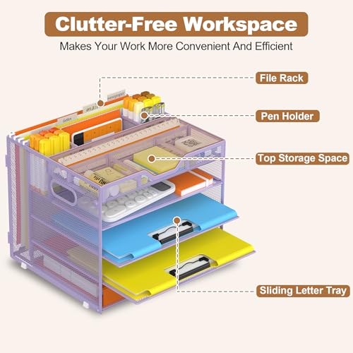 Docnest 5 Tier Letter Tray with Hanging File Organizer-Mesh Desk Organizer-Desktop Storage Box Built in Pen Holder and Handles, File Folder Holder for Mail Documents Office Supplies-Purple - color: 5 Tier Hanging File Organizer-purple