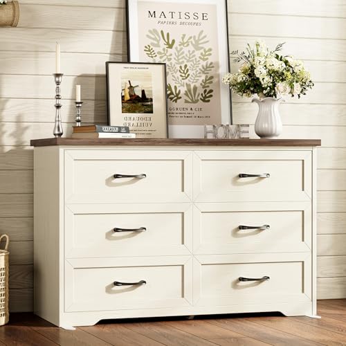 AODK Farmhouse 6 Drawer Dresser for Bedroom, 47” Wide Rustic Storage Dresser with Engineered Wood Frame, Anti-Tip Safety Chest, American Country Bedroom Furniture, Walnut & Vintage White - color: Walnut & Vintage White, size: 15.7"D x 47"W x 30.4"H (6 Dra