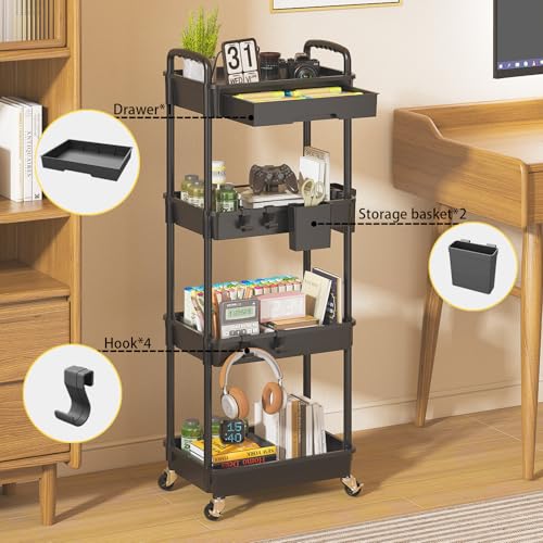 4 Tier Rolling Utility Cart with Drawer, Plastic Storage Organizer Rolling Carts with Wheels Handles Hanging Cups Hooks for Office, Bathroom, Kitchen,Craft Art Room (Black) - color: Black, size: 4-Tier