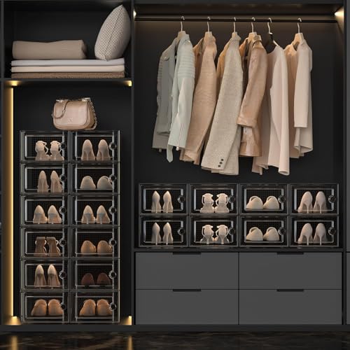 Kuject X-Large Shoe Storage Boxes Organizers Clear Plastic Stackable 12 Pack, Shoe Rack & Holder Substitute, Sneaker Containers, Toy Storage Organizer Bins for Entryway, Closet, Under Bed, Black - color: Black, size: X-Large