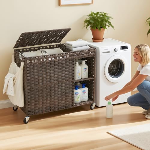 Laundry Hamper with Lid, 160L Rattan Wicker Laundry Basket with Wheels, Handwoven Laundry Hamper 2-Section with Storage shelf(42.3 Gal), Laundry Sorter Basket with Removable Liner, Brown HLH032BR - color: Brown, size: 29.5”L x 13”W x26.4”H