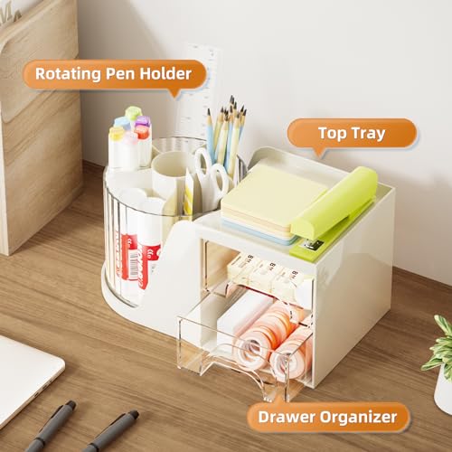 Marbrasse Desk Organizer with 2 Drawer, 360°Rotating Pen Holder, Desk Organizers and Accessories with 6 Slots Pencil Organizer + 2 Drawer, Art Supply Storage Box Caddy for Office (Beige) - color: Beige