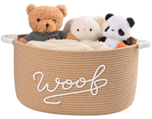 Woof Dog Toy Basket, Large Dog Toy Storage Bin with Durable Handles, Woven Dog Basket for Blankets, Toys, Chews, Pet Toy Storage Box for Nursery, Living Room, Bedroom, 17”x12”x9, Beige - color: Beige