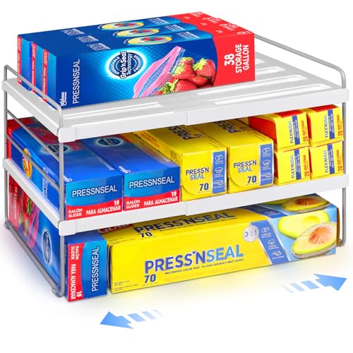 Cirhy Kitchen Wrap Organizer, Expandable Pantry Organizers and Storage, 3-Tier Foil and Plastic Wrap Organizer for Cabinet, Adjustable Shelf for Tin Foil, Ziplock Box, Saran Wrap (9.8-15.6") - style: Foil and Wrap Organizer-1pcs