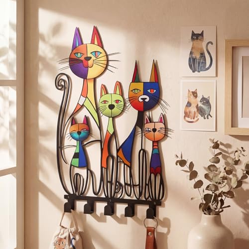 Mid Century Wall Mounted Coat Rack with 5 Hooks Retro Colorful Cat Wall Art Decor Decorative Black Metal Hanger for Coats, Hats, Bags, Keys, Towels for Home, Bathroom, Office(Vintage) - style: Vintage