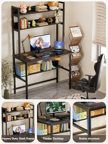 Aquzee Computer Desk with Hutch, 40“W x 19.6" D Desk with Shelves, Tall Home Office Desk with Bookshelf, Metal Legs Study Table with Upper Storage Shelf for Study Writing/Workstation, Black - color: Black, size: 40inch