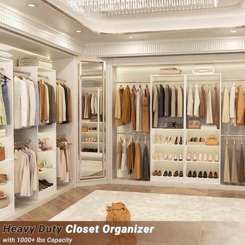 Homieasy Closet System, 4.5-11.5 Ft Expandable Closet Organizer with 5 Hanging Rods, Walk-in Wood Closet Organizer System with Storage Tower, Heavy Duty Garment Rack Wardrobe for Bedroom, White - color: White