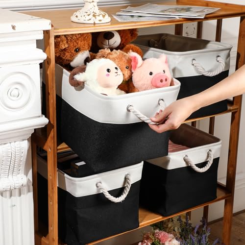 meekoo 8 Pack Collapsible Storage Bins Fabric Storage Bins Polyester Fabric Baskets with Handles Linen Closet Organizer for Shelf Home Closet Towels Toys(15 x 11 x 9.5 in,Black White) - color: Black White, size: 15 x 11 x 9.5 In