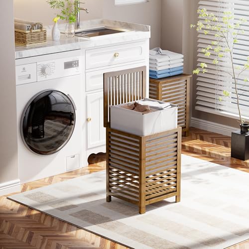 SMIBUY Double Laundry Hamper with Lid, 120L Bamboo Laundry Basket with Removable Liner Bag, 2-Section Clothes Divider Laundry Sorter for Laundry Room, Bathroom, Bedroom (Walnut) - color: Walnut