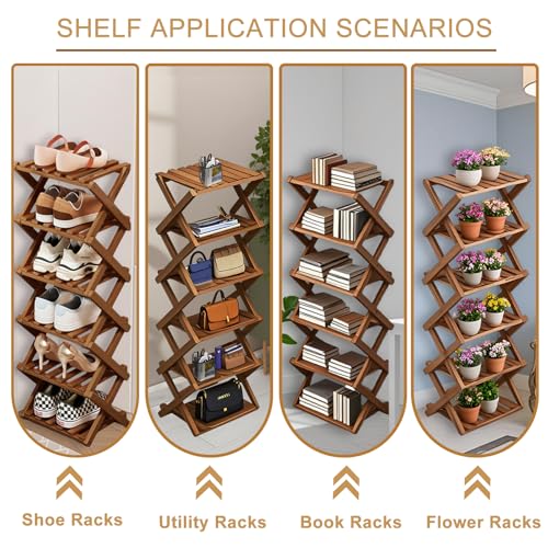 Comeon Bamboo Shoe Rack, Foldable Vertical Shoe Rack for Front Door Entrance Narrow Shoe Organizer Small Shoe Shelf for Entryway Shoe Storage Closet Multi-Tier (Brown Colors,6 Layers) - size: 6 Layers