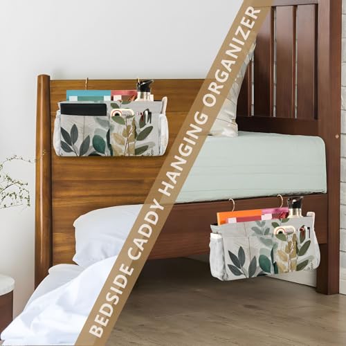 Bedside Caddy Hanging Bunk Bed Caddy Bed Organizer Hanging Pocket with 2 Hooks Bedside Storage Organizer Pocket Bag Holder Beige Boho Style Leaves - color: Beige Boho Style Leaves