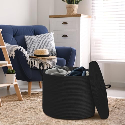18" X 14" Large Black Basket with Lid, Cotton Rope Storage Basket for Blanket, Toy, Pillow, Towel, Living Room Bedroom Storage Bin, Wicker Woven All Black Organizing Bin with Cover - color: Full Black