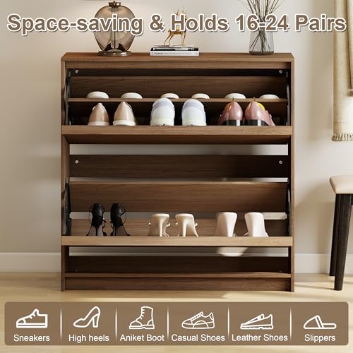 Shoe Cabinet with 2 Flip Drawers, Modern Narrow Shoe Storage Cabinet Organizer with Adjustable Shelf, Hidden Freestanding Shoe Rack for Entryway, Hallway, Living Room, Walnut - color: Walnut, size: 9.45"D x 31.5"W x 31.5"H(2 drawers)