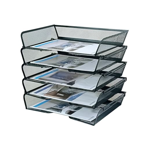 5 Tier Metal Mesh Desk Organizer-Stackable Letter Trays for Office Supplies,Black File Storage System with Reinforced Edges