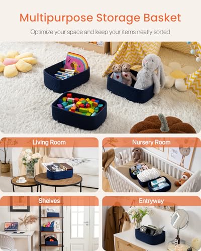 Small Woven Basket, 12 x 8 x 4.5 Inches, Storage Basket for Organizing, Cute Small Rope Shelf Closet Cube Storage Bins Baskets for Shelves, Dog Toy Gift Baskets Empty, 3 Packs, Navy Blue - color: Navy Blue, size: 12"L x 8"W x 4.5"H