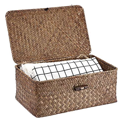 Hipiwe Wicker Shelf Baskets Bin with Lid, Handwoven Seagrass Basket Storage Bins Rectangular Household Basket Boxes for Shelf Wardrobe Home Organizer, Coffee Small - color: Coffee, size: Small