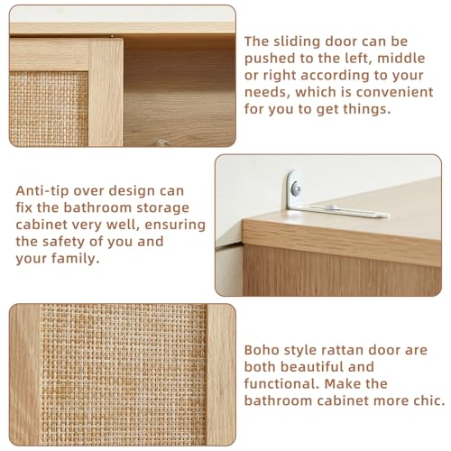 LEYAOYAO Over The Toilet Storage Cabinet with Rattan Sliding Door, 68" Tall Wood Above Toilet Bathroom Organizer w/Adjustable Shelf & Curved Profile, Space Saver Freestanding Washer Shelf, Natural - color: Natural, size: 10"D×23.3"W×68"H