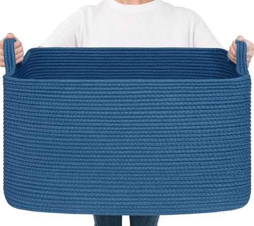 Goodpick Large Blanket Basket, Storage Baskets for Organizing, Rectangle Woven Basket for Clothes, Towels, Toy Baskets Storage Kids, 21.6" x 14.9" x 11.8" - color: Dark Blue, size: Large(21.6"L x 14.9"W x 11.8"H)