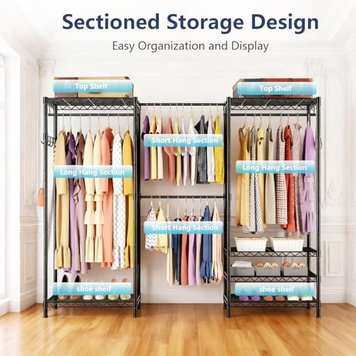 Heavy Duty Closet Garment Rack, 6 Tiers Adjustable Metal Freestanding Expandable Clothing Storage with 4 Hanger Rods, Easy to Assemble Wardrobe, 71.4" H x (70" - 88.2") L x 14" D, Black - color: Black