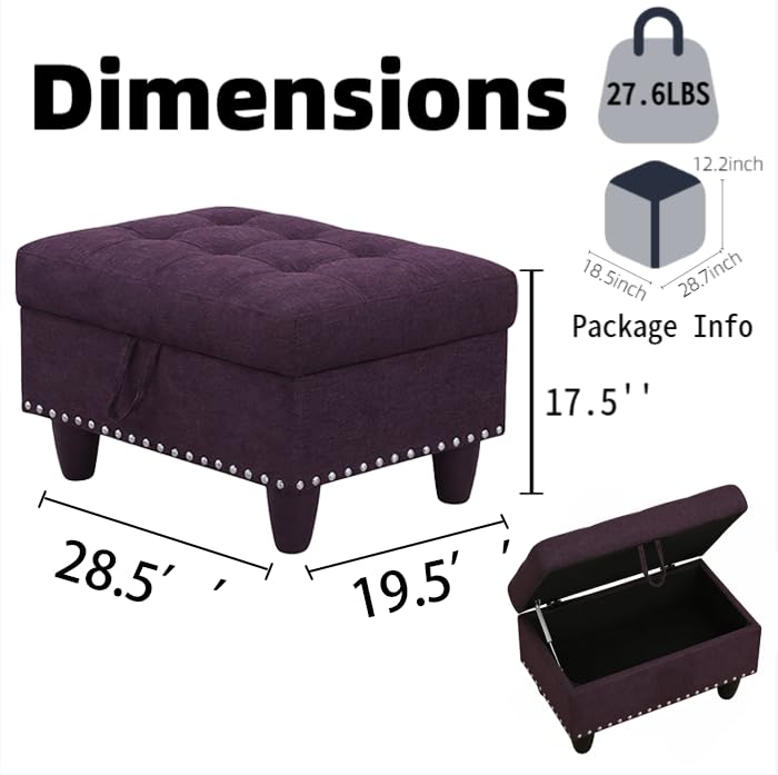 Ottoman with Storage for Living Room, 28.5'' small storage ottoman, Upholstered Entryway Bench, End of Bed Storage Bench, Small Ottoman FootStool, Tufted Coffee Table, For Living Room, Bedroom, Purple - color: Purple