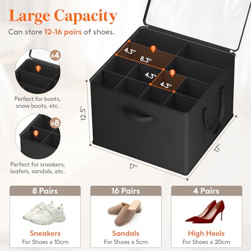 Lifewit Shoe Storage Organizer for Closet, Fabric Large Shoe Box Storage Containers with Clear Cover, Foldable Bins for Boots Heels Sneakers Fits 12-16 Pairs, 1 Pack Black - color: Black