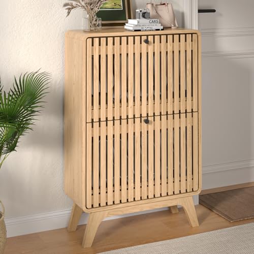 Jluomei Narrow Shoe Cabinet Storage for Entryway, Modern Cabinet Rack with 2 Flip Drawers, Slim Wood Fluted Entry Way Shoe Organizer, Wooden, Small, Farmhouse, Freestanding, Natural Oak (39.4 Inch) - color: Natural