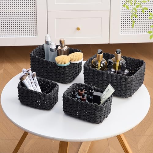 4PCS Woven Storage Baskets Set, Small Baskets for Organizing, Square Handwoven Paper Rope Organizer Bins for Shelves and Home Storage (Black) - color: Black