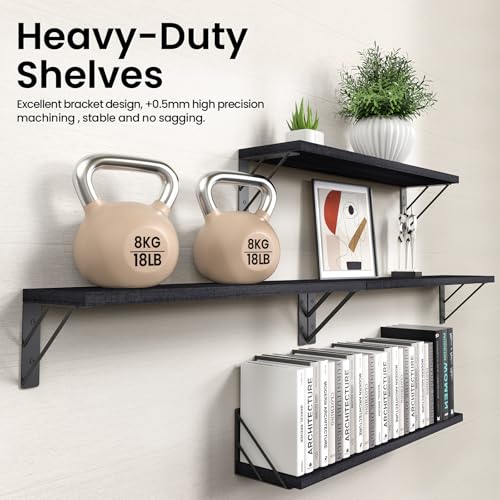BAYKA Wall Mounted Floating Shelves, Wood Floating Wall Shelf for Books & Decor, Small Space-Saving Display & Organizer（Black，23in，Set of 4） - color: A. Black Board & Black Brackets, size: 23-inch Standard