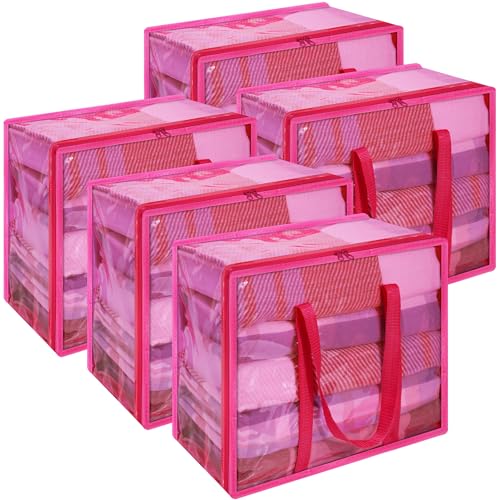 Vieshful Pink 40L Clear Clothes Storage Bag with Zipper 5 Pack Colorful Clothes Organizer Vinyl Storage Bag for Comforter, Blanket, Bedding, Duvet, Transparent Moving Totes - color: Pink-5 Pack, size: 40L