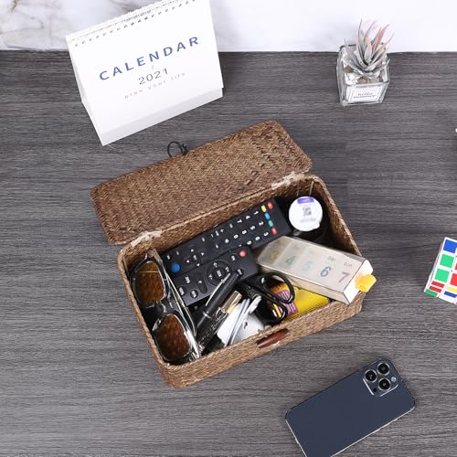 Sumnacon Small Wicker Basket with Lid Rectangle Woven Baskets for Toiletries Tampon Storage,Wicker Storage Basket with Lid,Decorative Seagrass Storage Baskets for Shelf Bathroom Toilet Table,Coffee - color: Coffee, size: Small