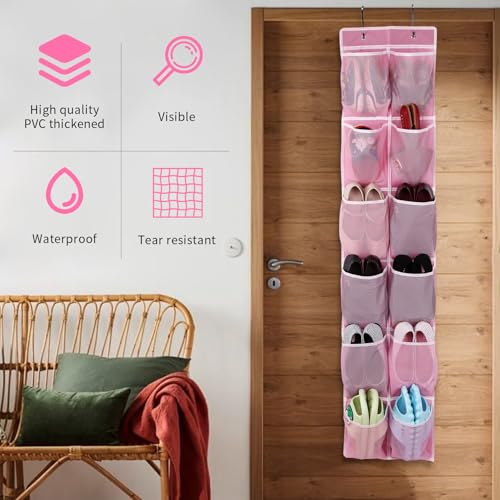 GOMAJI Over the Door 12 Pocket Hanging Shoe Organizer, Pink - color: Pink