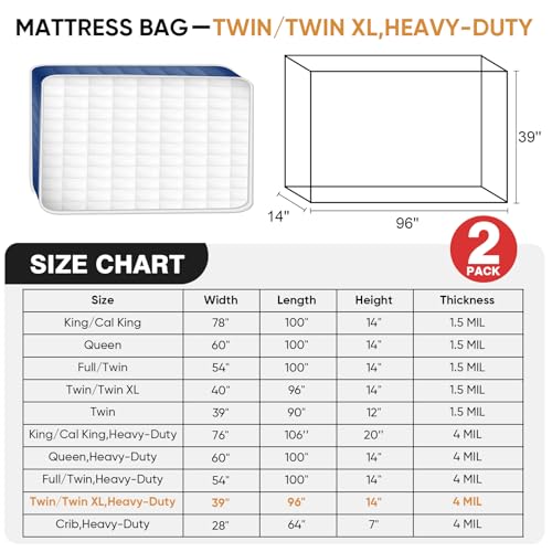 2 PK Twin XL/Twin Mattress Bags for Moving and Storage, Heavy-Duty 4 Mil Clear Plastic Mattress Cover for Moving, Super Thick Mattress Storage Bags - size: Twin/Twin XL,2 Pack, style: Heavy-Duty Protection (4 Mil Thick)