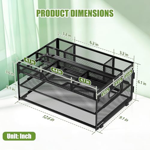 3-Tier Letter Paper Tray Desk Organizer, Black Desktop File Rack Holder with 3 Drop in Pencil Holder and Sliding Tray for Office Classroom and Home Supplies Organization Storage - color: Black-3
