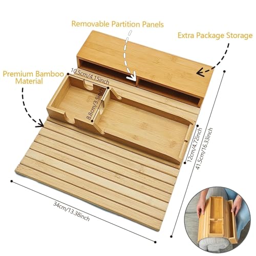 Bamboo Couch Armrest Table with Side Pocket, Anti-Slip Sofa Arm Tray & Tv Remote Holder and Cup Holder Tray, Perfect for Holding Drinks, Snacks, Remotes, Cups, and Phones