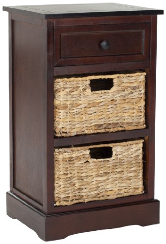 SAFAVIEH Home Collection Carrie Dark Cherry / Natural Wicker 3-Drawer Storage Nightstand Side Table (Fully Assembled) - color: Dark Cherry