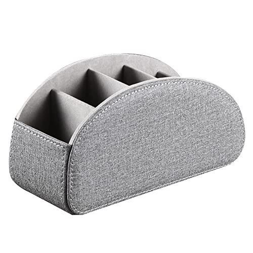 PU Leather Remote Control Holder,TV Remote Caddy with 5 Compartments,Bedside Table or Desktop Organizer for TV,DVD,Blu-Ray,Heater Controllers and Glasses,Media Player,Pen or Pencil Storage(Grey) - color: Grey