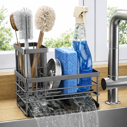 Cisily Sink Caddy Sponge Holder for Kitchen with Brush Holder and Stainless Steel Self Drain Tray, Rustproof Kitchen Sink Organizer for Sponge, Soap Dispenser Storage Accessories (Gray) - color: Gray