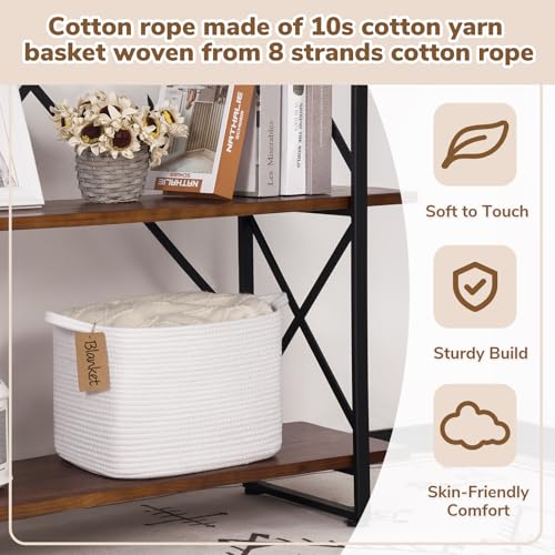 Goodpick Rope Basket, Storage Baskets for Organizing, Rectangle Baby Nursery basket with Handles, Small Woven Basket for Shelves, Living Room, 13 x 10 x 9 Inches, White - color: White, size: 13"L x 10"W x 9"H