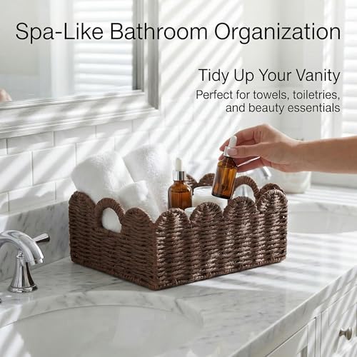 Scalloped Wicker Baskets, Set of 3 Hand-Woven Storage Baskets with Handles - Paper Rope Shelf Organizers & Decorative Baskets for Shelves, Closet, Bathroom (Brown） - color: Brown