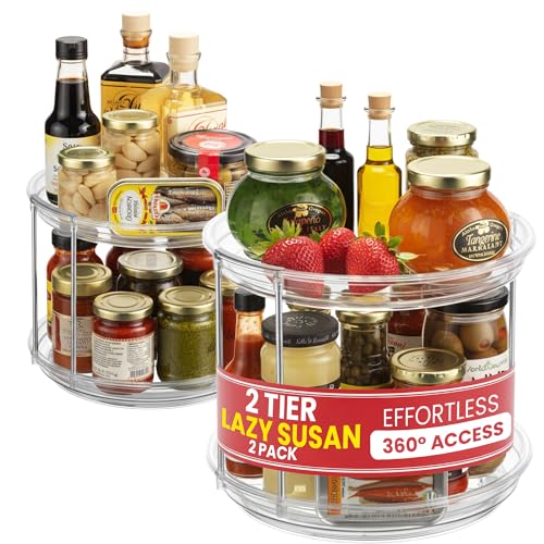 Clear Two Tier Lazy Susan Organizer - 2-Pack Rotating Spice Rack Turntable for Kitchen Cabinet, Countertop, Bathroom or Dining Table - Spinning Carousel Racks for Counter and Pantry Cabinet Storage - size: 2-Pack