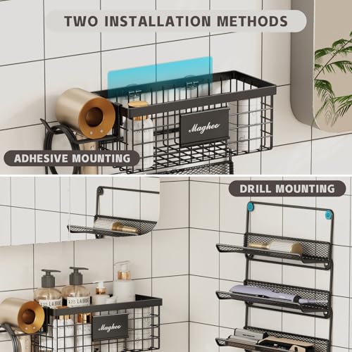 Magheo Hair Dryer Holder Wall Mounted, Adheisve Hair Styling Tool Organizer for hair Brush/Appliance Wall Mount with 5 Tier Shelf Basket Hooks Blow Dryer and Straightener Holder for Bathroom(Black) - color: Black, size: Wall Mount - 1 Pack (5 Tier)